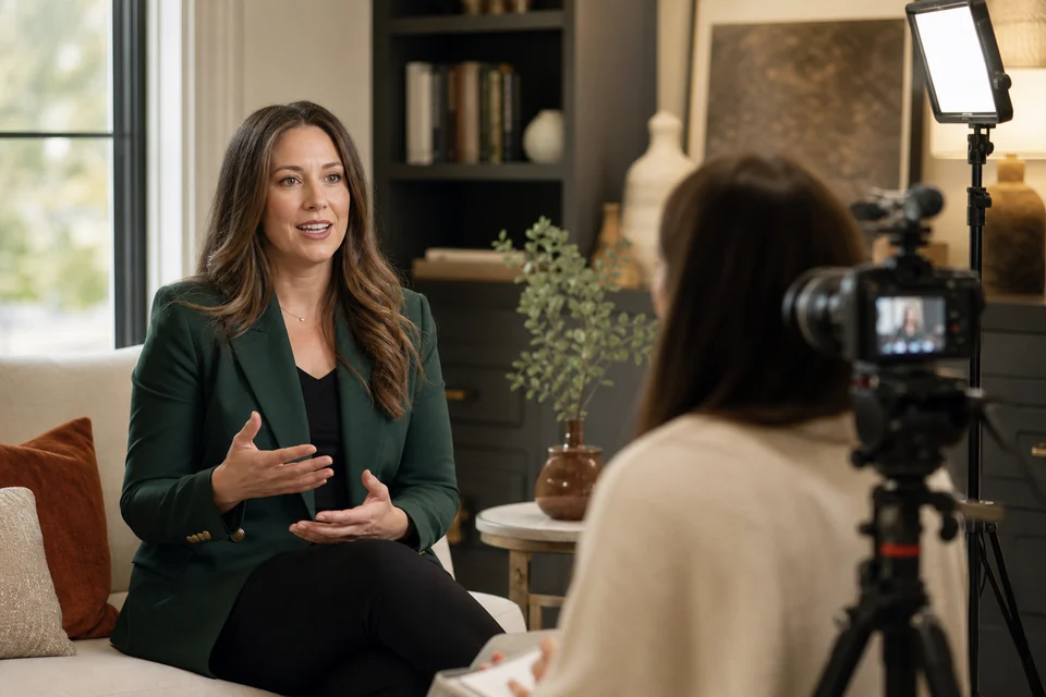 Realtor being intentionally interviewed and filmed for selective professional content