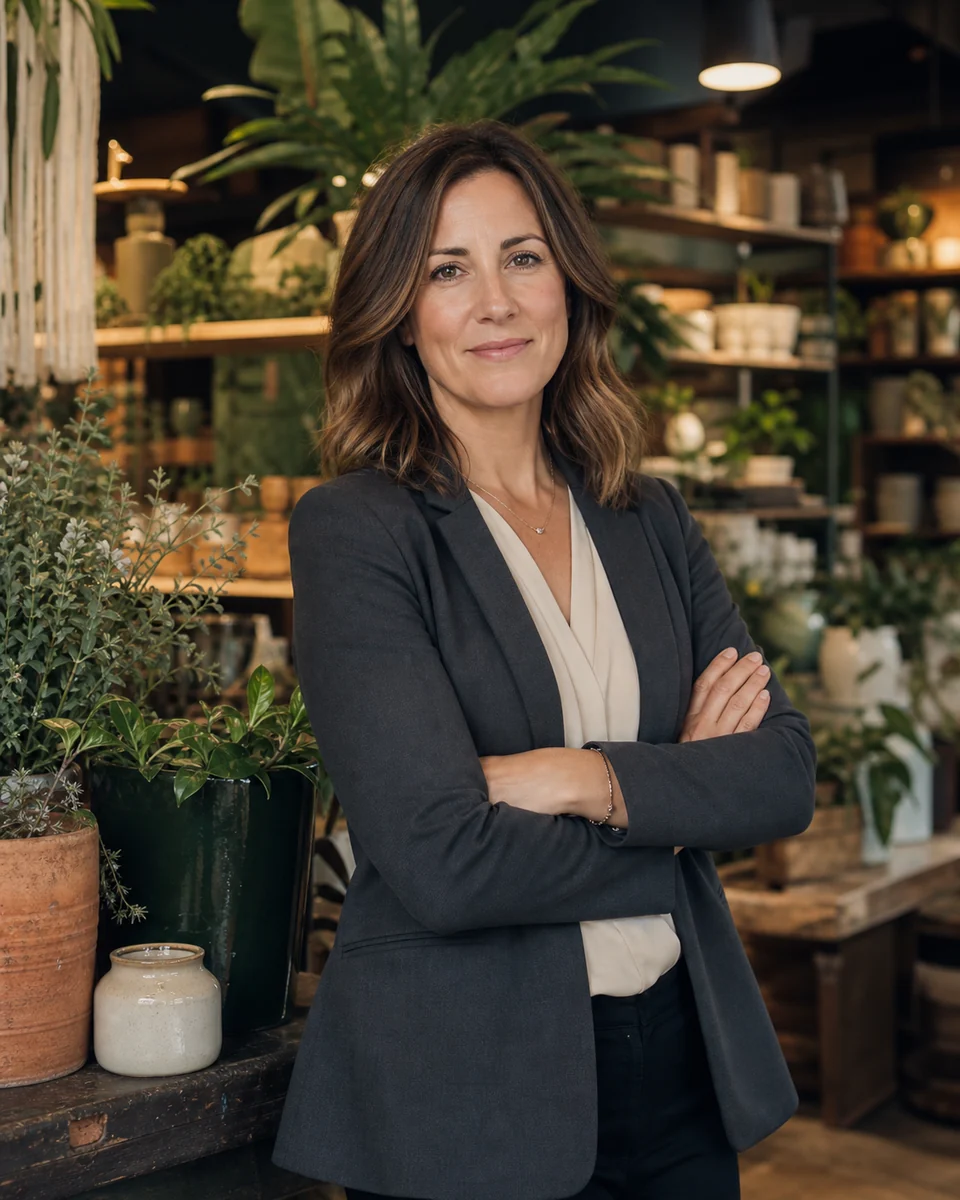 Confident local Realtor in a neighborhood plant shop representing a personal authority direction