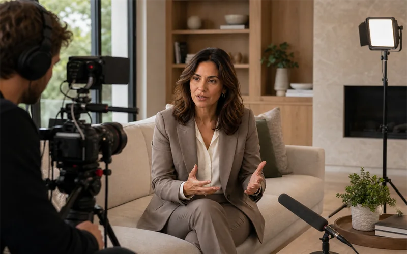 Realtor speaking on camera during a professional content-production session.