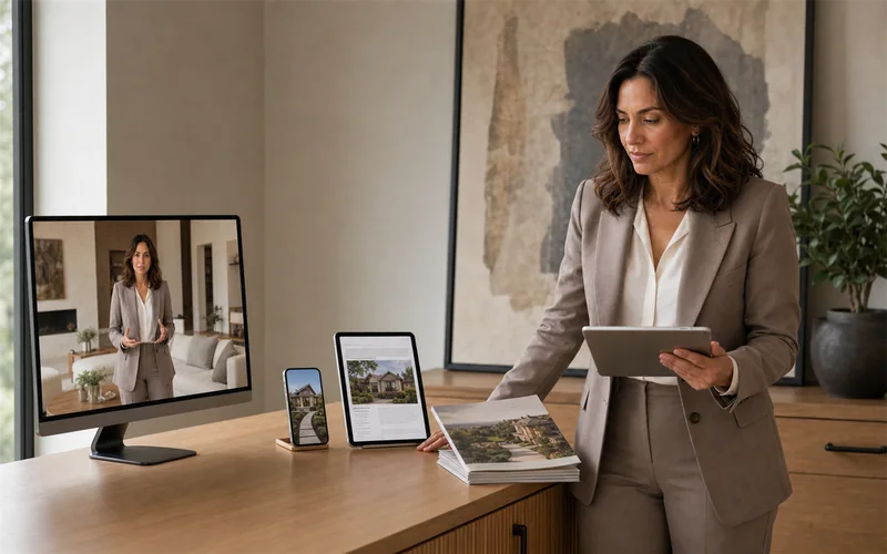 Realtor reviewing coordinated video, mobile, article, and property content.