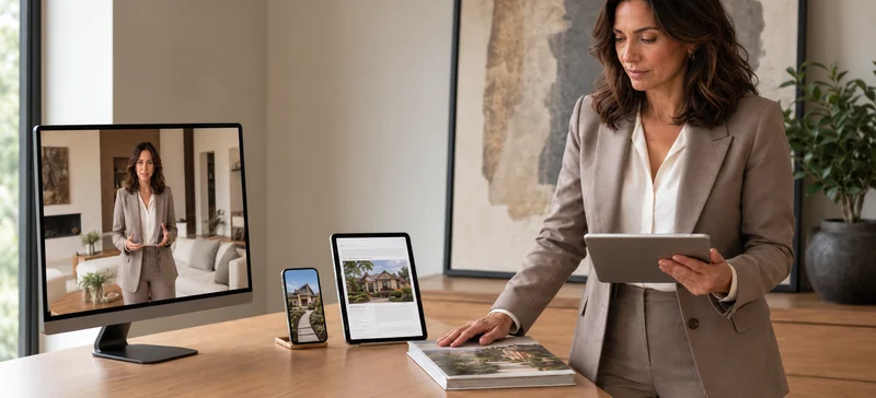 Realtor reviewing coordinated video, mobile, article, and property content.