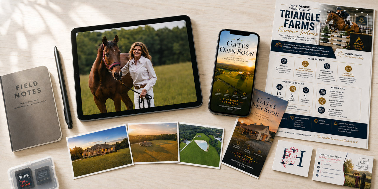Hooves & Homes campaign materials, property photography and brand content arranged across a bright creative workspace.