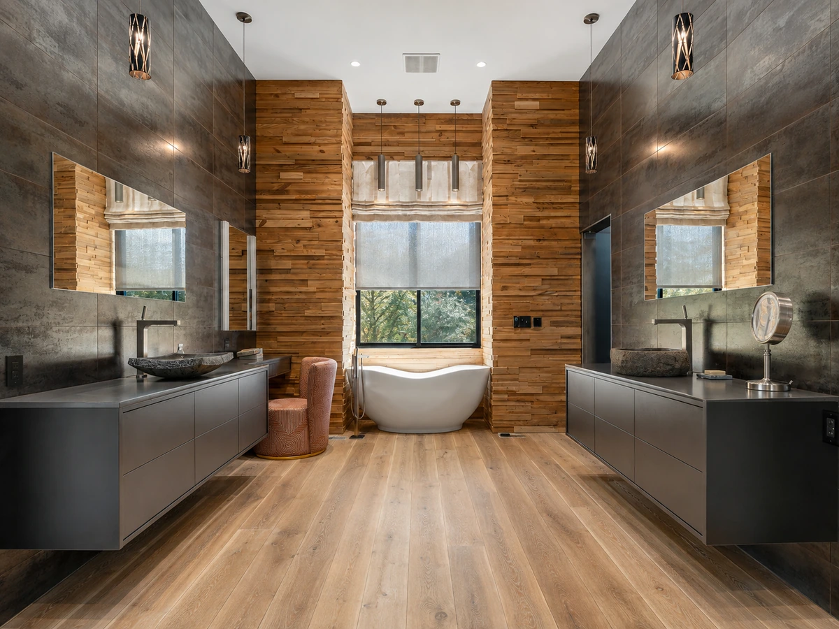 Symmetrical luxury bathroom with a centered freestanding bathtub, dual vanities, pendant lights, wood walls, and wide-plank flooring