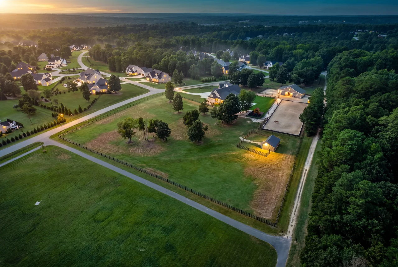 Aerial view showing a home, its lot, and the surrounding neighborhood