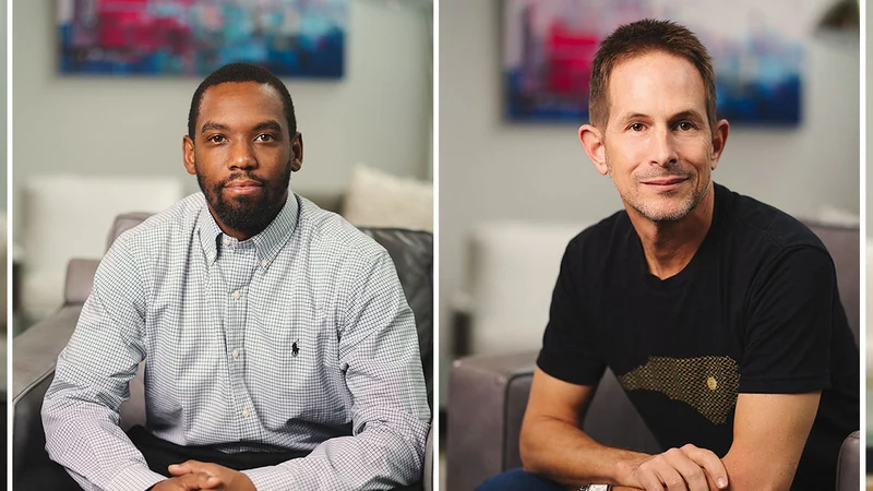 Two professionals photographed in a coordinated headshot session.