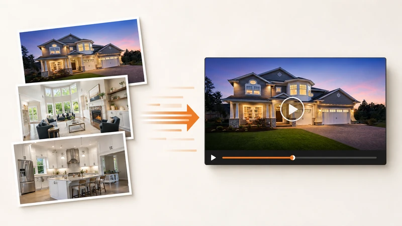 Real estate photographs being converted into a finished property video