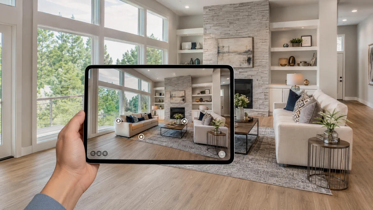 Interactive 3D home tour interface with floor plan and room navigation