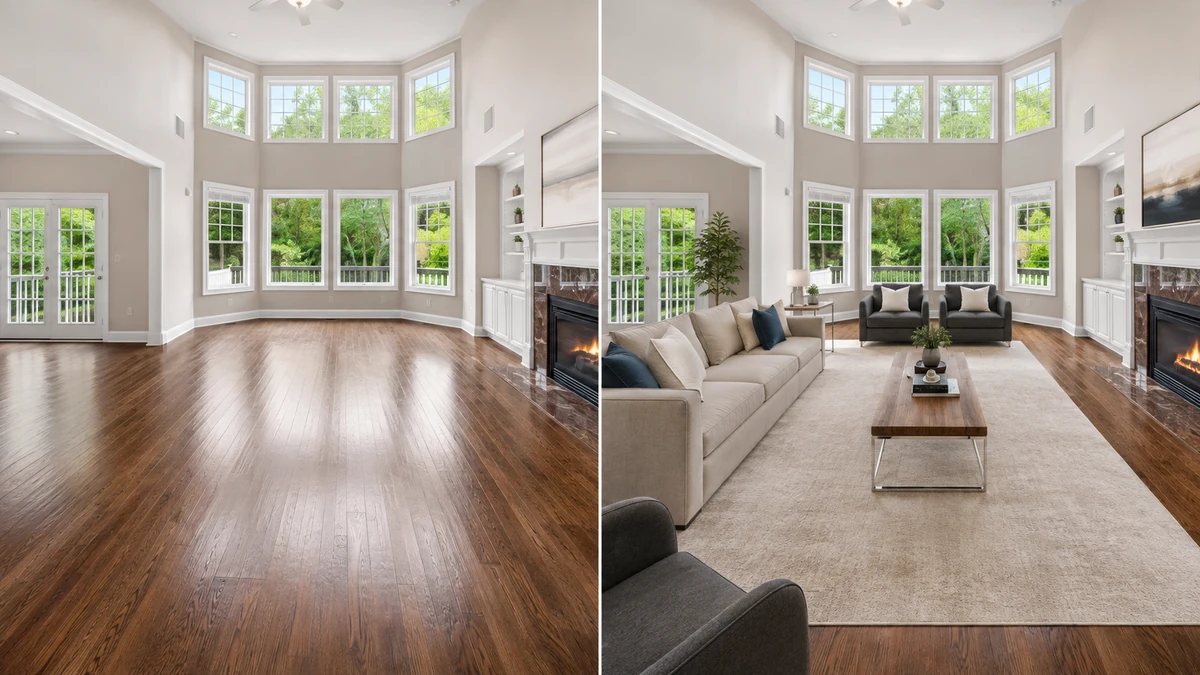 The same living room shown empty and digitally staged