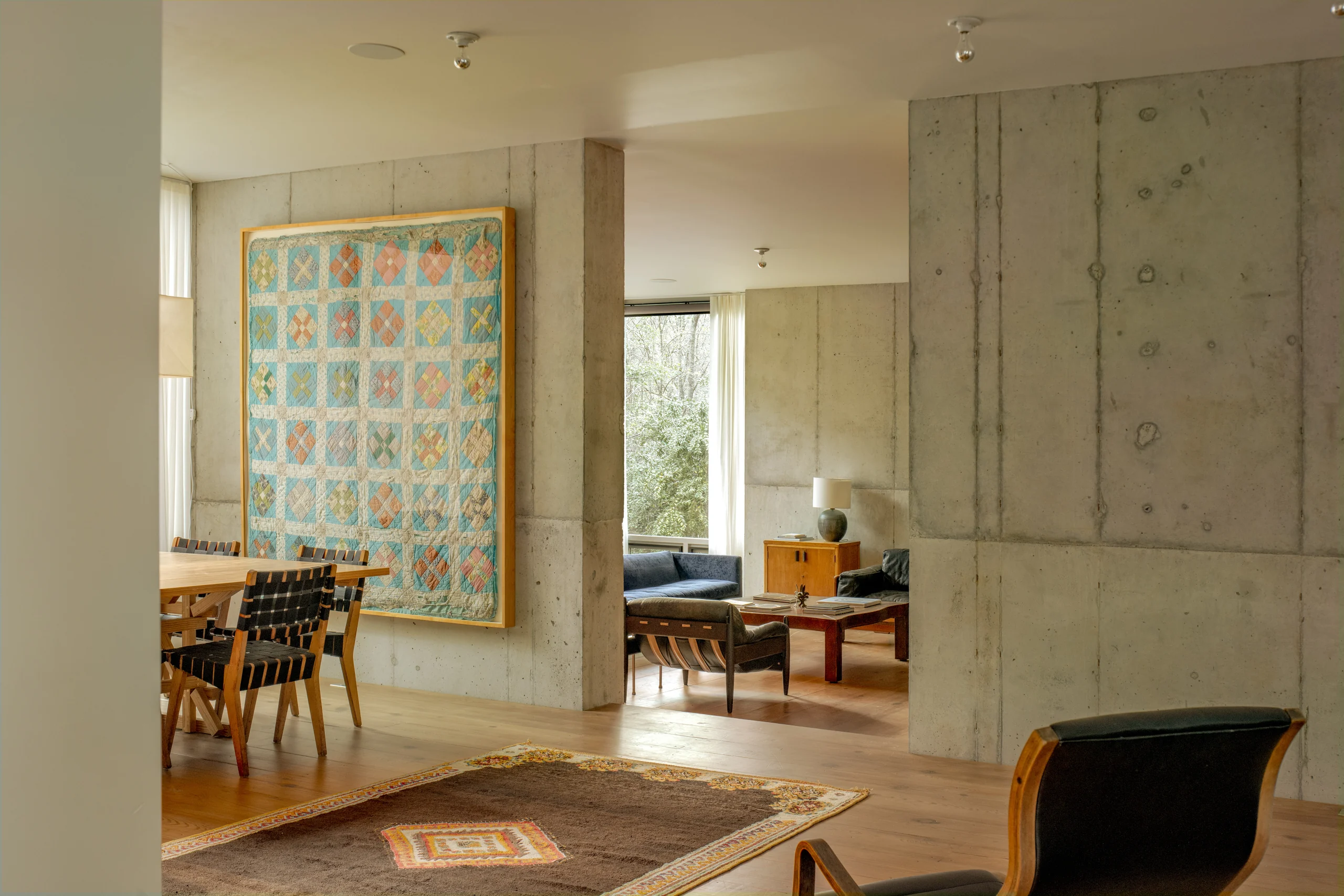Open rental interior showing connected living and dining spaces